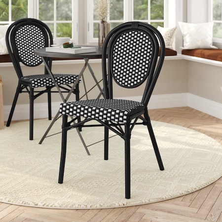 Flash Furniture Lourdes Thonet French Bistro Stacking Chair, Black and White PE Rattan and Black Aluminum Frame SDA-AD642002S-BKWH-BK-GG